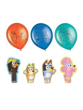 Bluey Latex Balloons (6) & Bluey Die Cut Paper Finger Puppets (8)